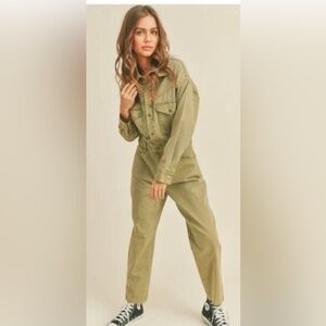 Miou Muse Olive Green Utility Jumpsuit Cotton Cargo Style Size Medium